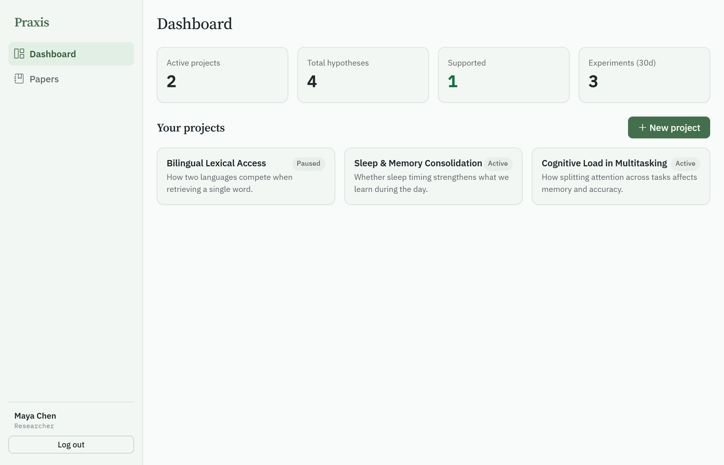 The Praxis dashboard showing research projects and progress stats