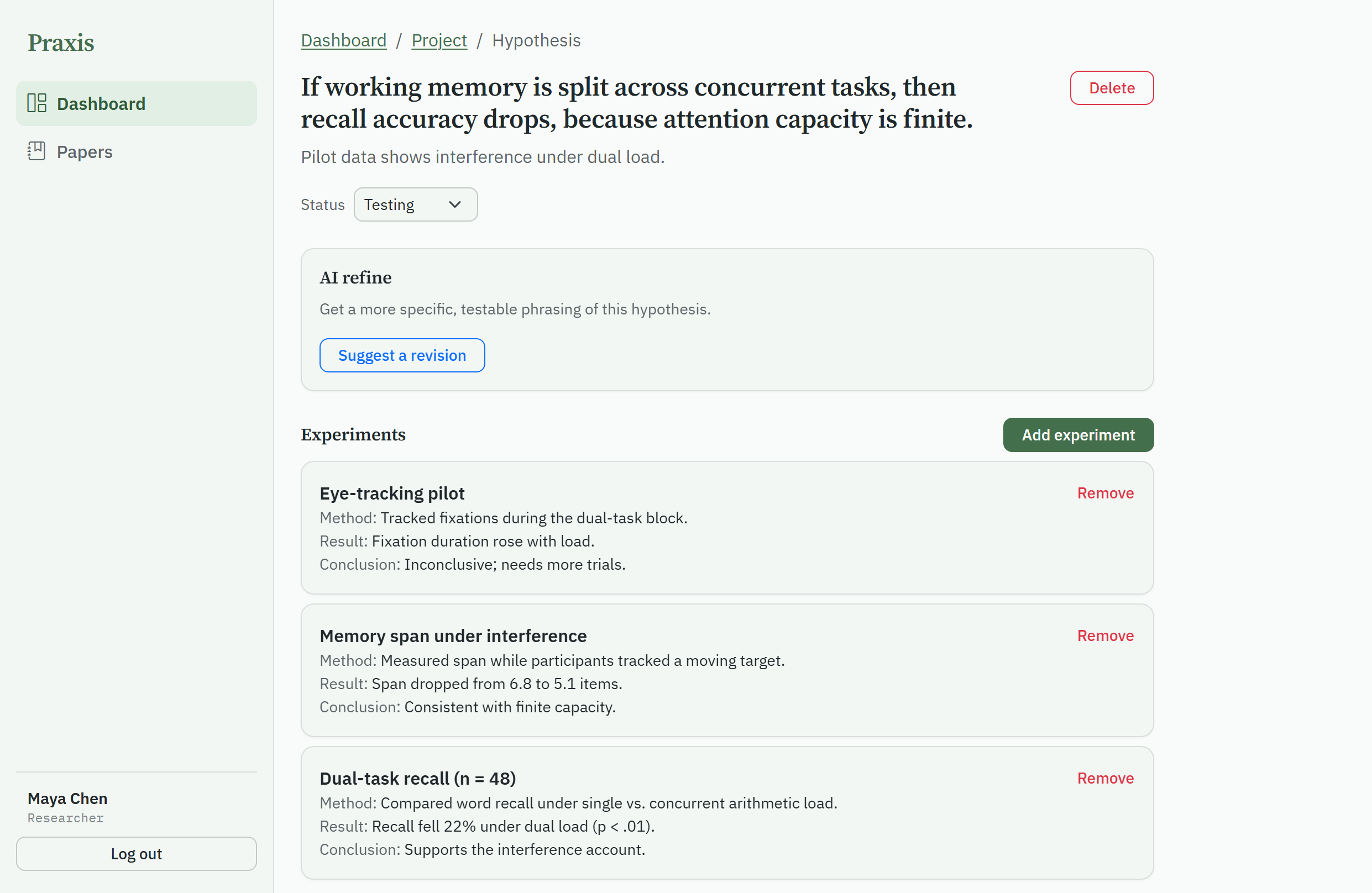 A hypothesis page with its experiments and an AI refine panel