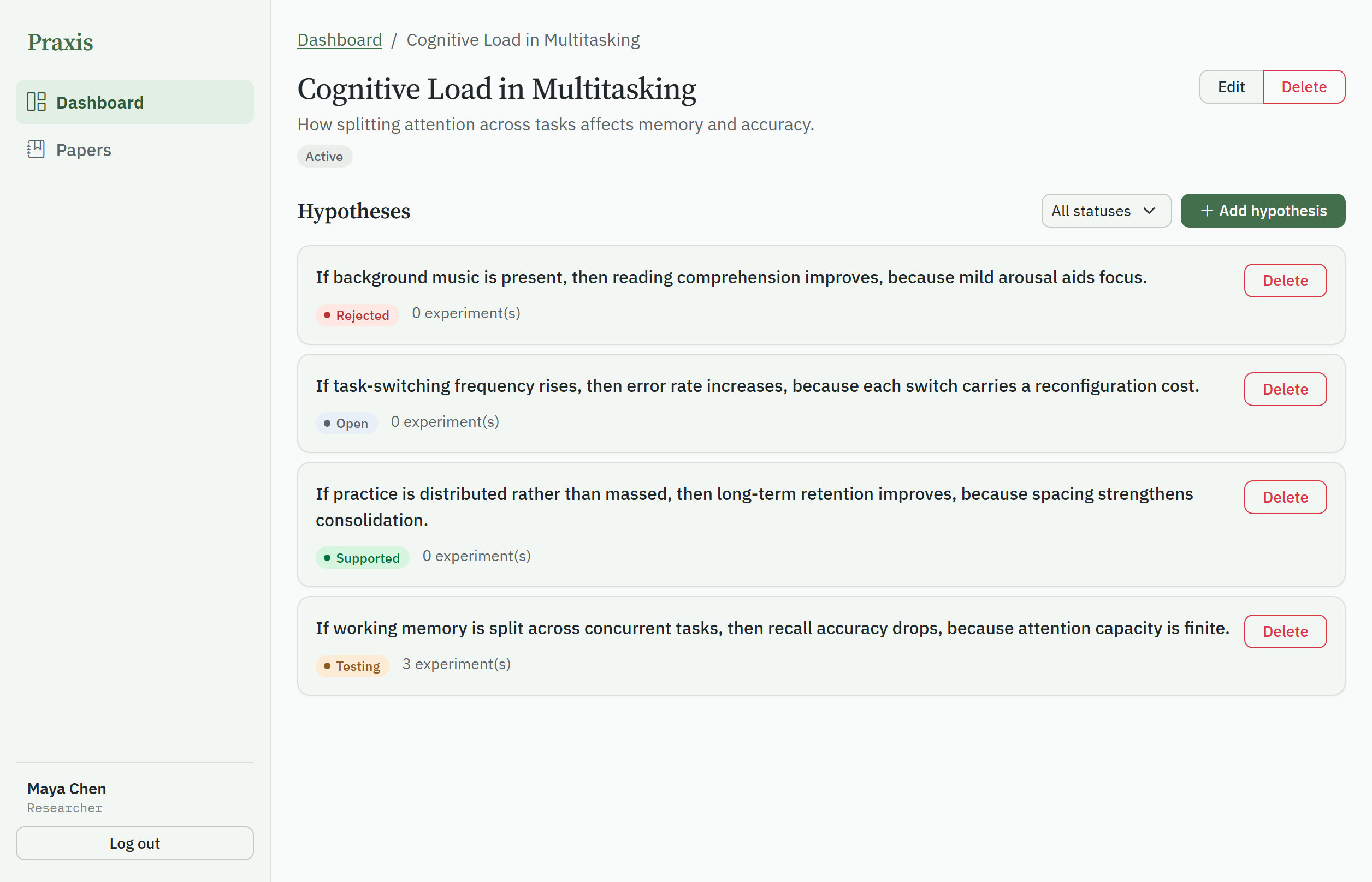 A project page listing hypotheses with colour-coded status badges